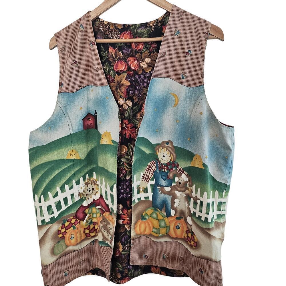 Vintage Fall Vest Womens Size XXL Brown Scarecrow Floral Handmade Irreversible